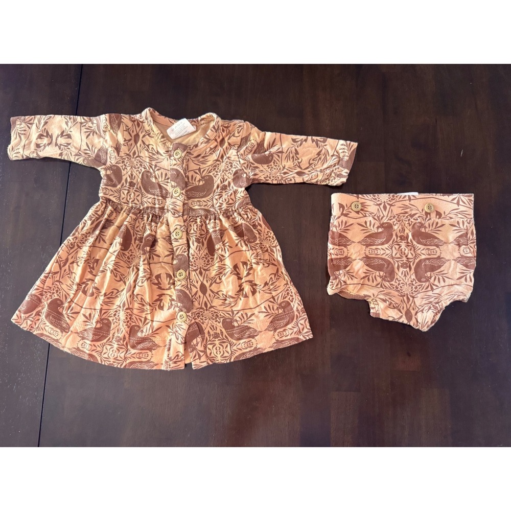 Kate Quinn The Woods Beechwood Bird Print‎ Dress and Bloomer Set 0-3M Brown Tan